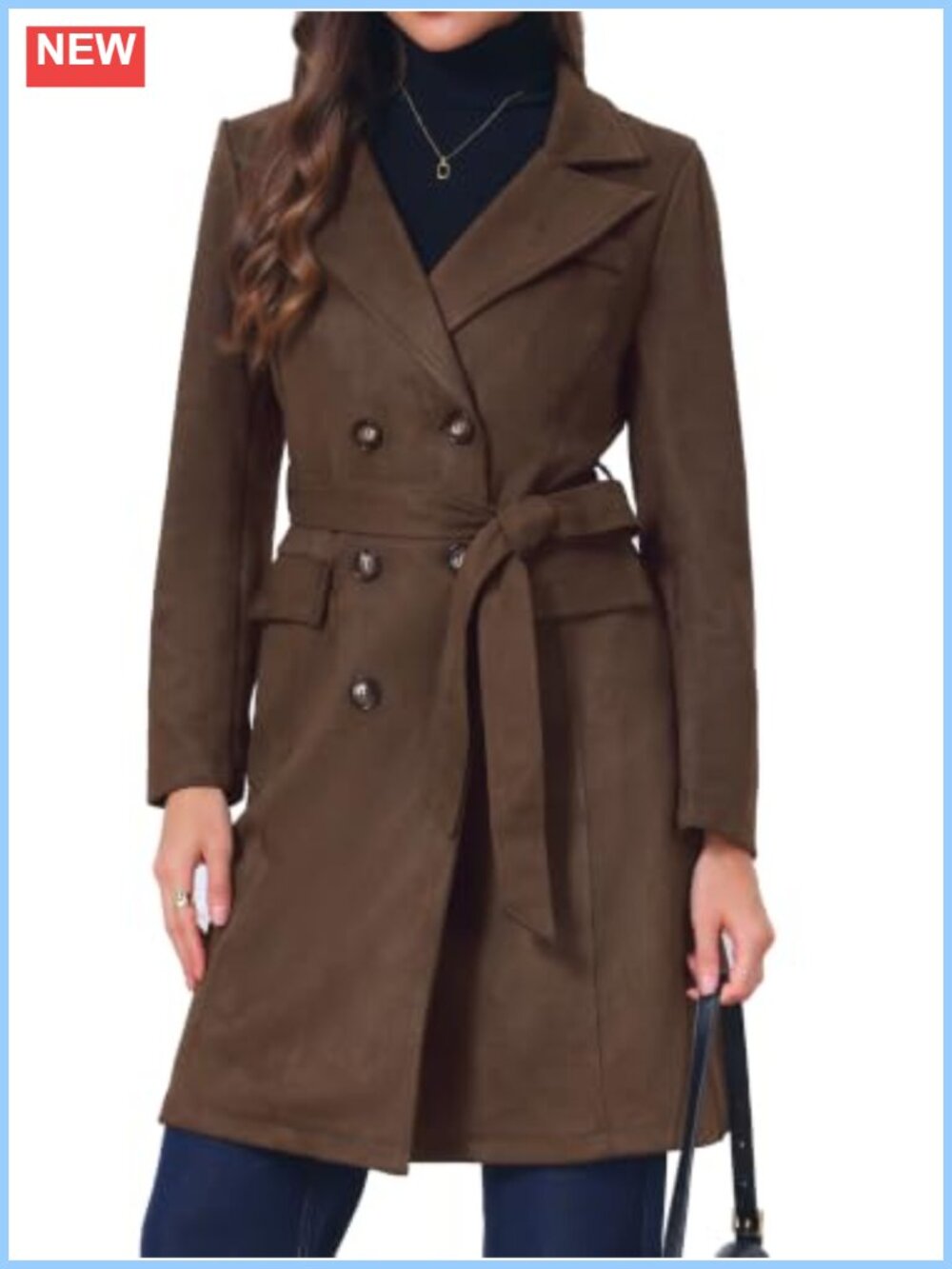 Faux Suede Trench Coat Notched Lapel Double-Breasted Mid-Long Overcoat Women